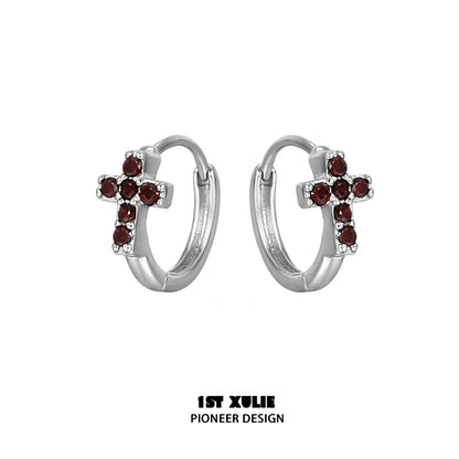 Crimson cross gothic earrings with silver hoop design and ruby-like embellishments