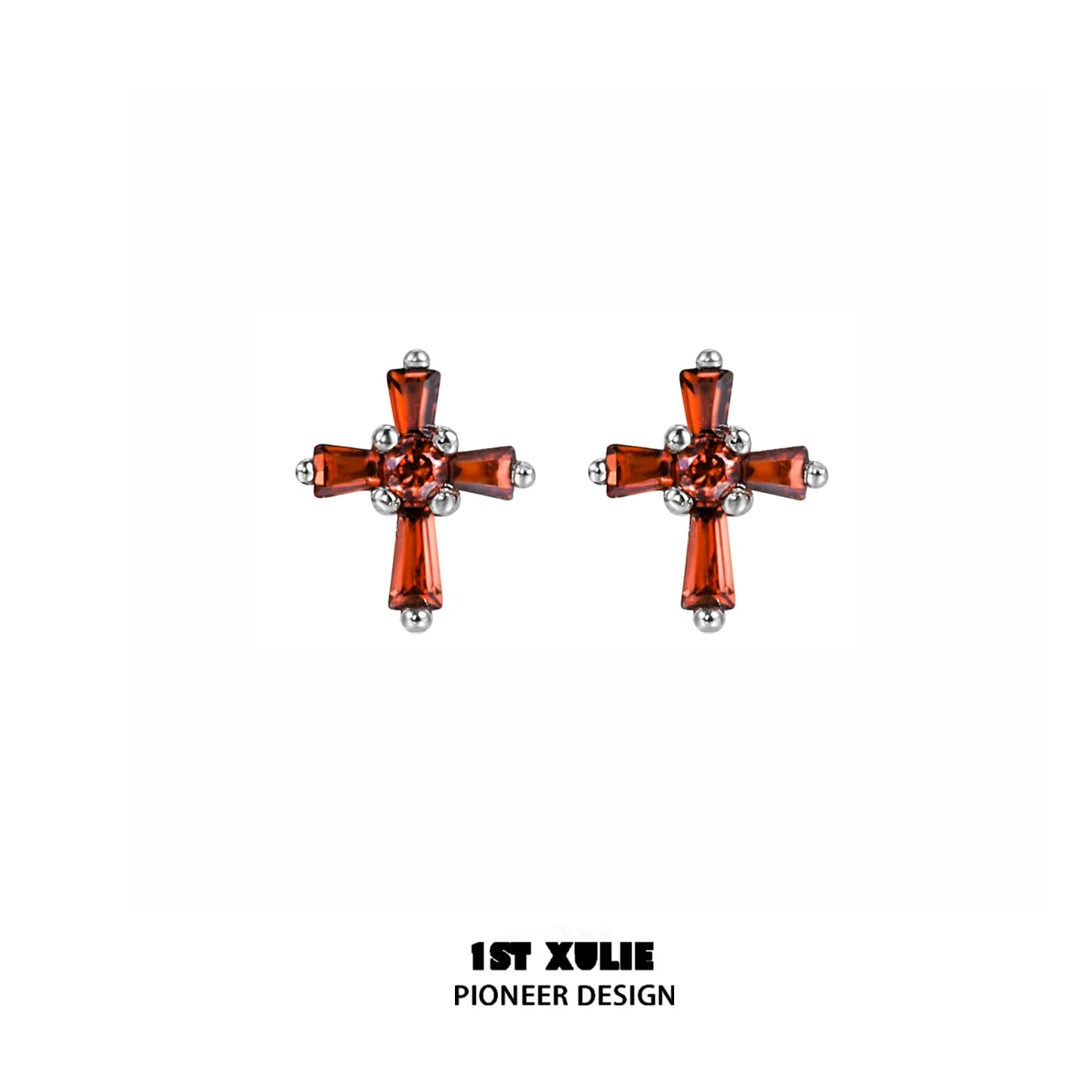 Crimson cross gothic earrings featuring intricate design and sparkling accents for a bold look