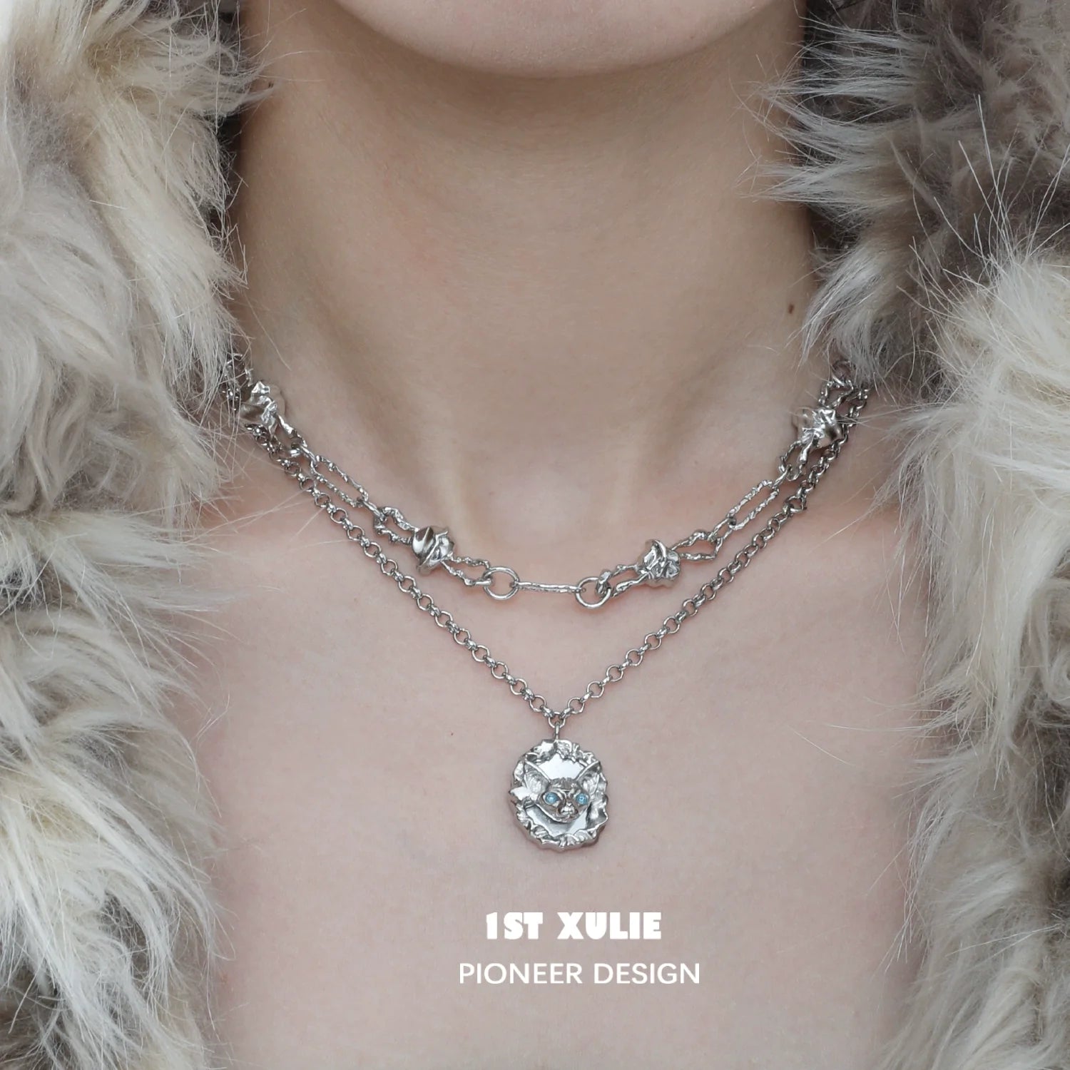 Double-layered crowned cat necklace by 1STXULIE with a stylish design and shiny silver finish