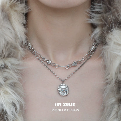 Double-layered crowned cat necklace by 1STXULIE with a stylish design and shiny silver finish