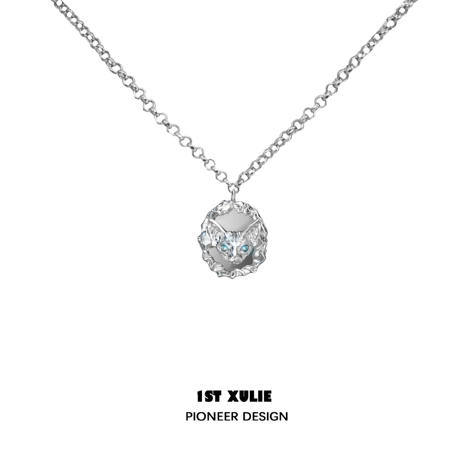 Silver crowned cat necklace with a detailed design and sparkling accent stones