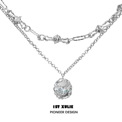 1STXULIE Crowned Cat Necklace in Silver with Unique Design and Sparkling Diamond Accents