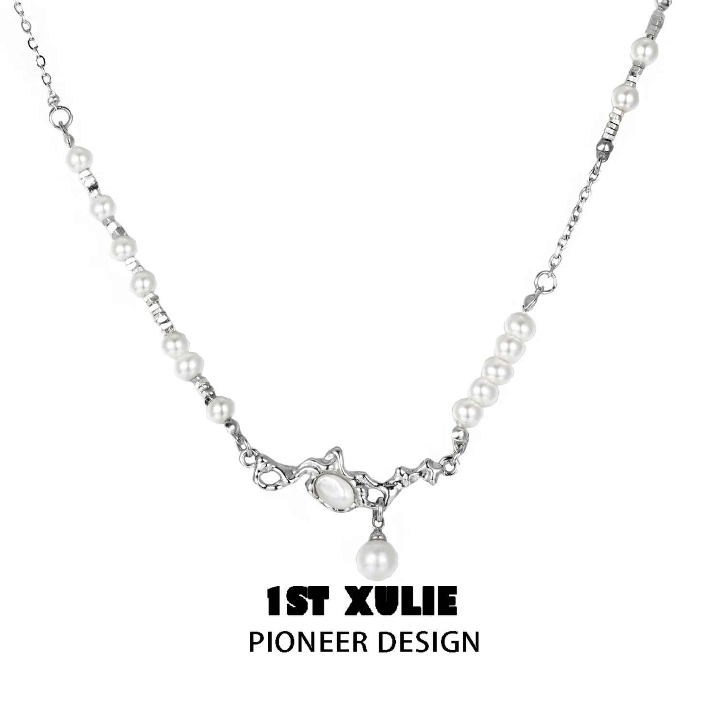 1ST XULIE Crushed Silver Pearl Necklace with Unique Design and Elegant Finish