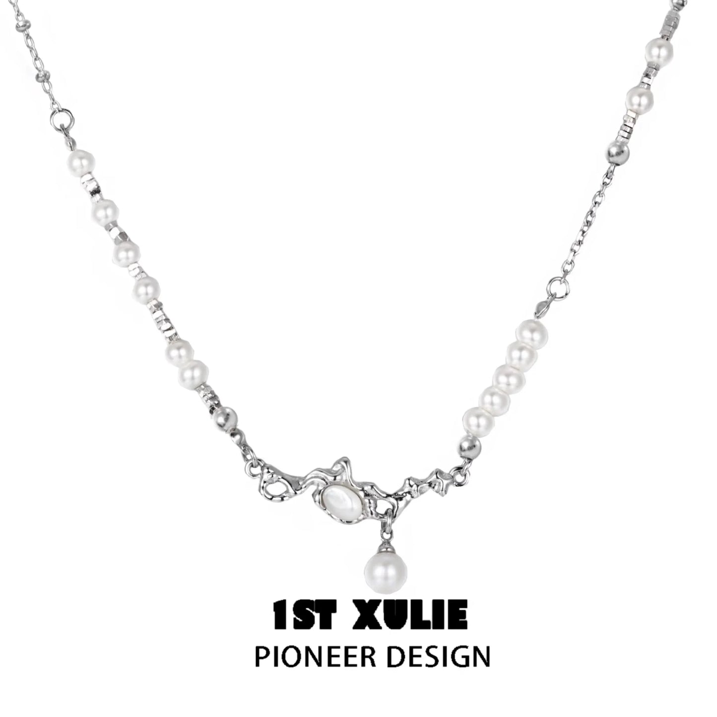 Crushed silver pearl necklace by 1ST XULIE featuring unique designs and elegant styling