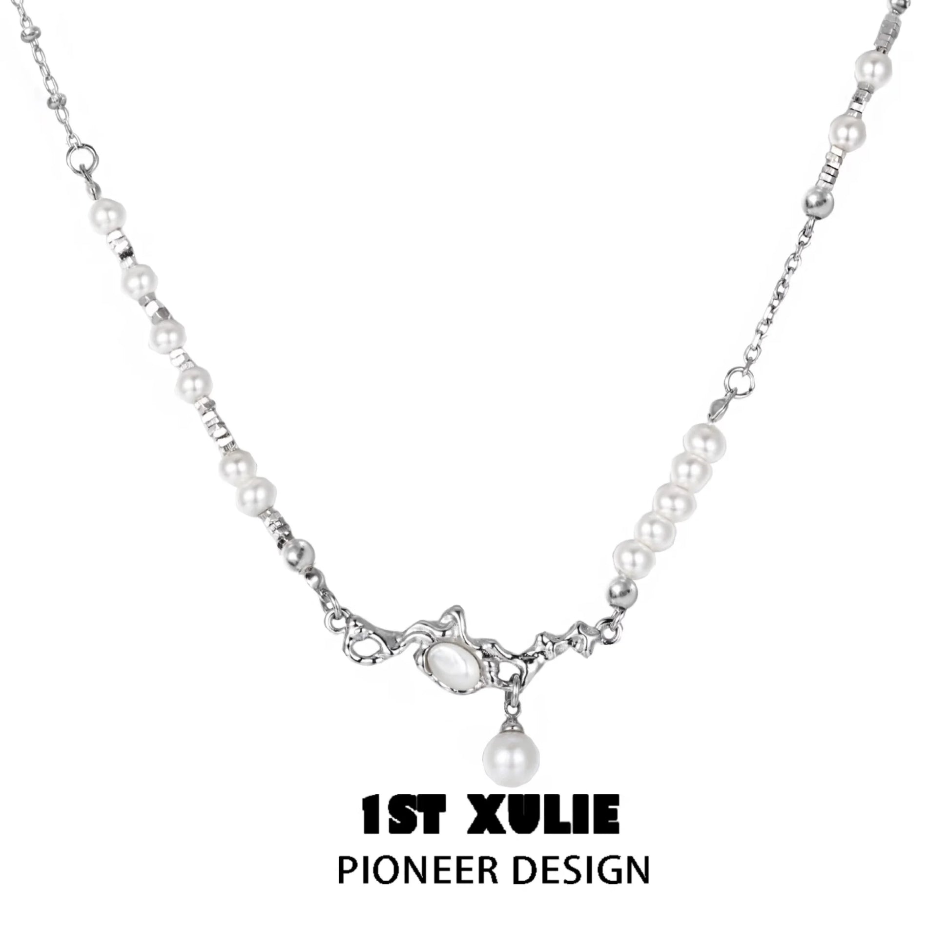 Crushed silver pearl necklace by 1ST XULIE featuring unique designs and elegant styling
