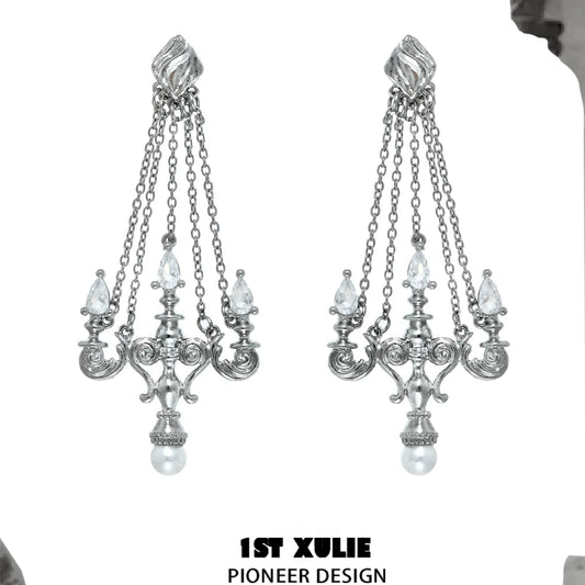 Elegant silver crystal lamp earrings with cascading chains and pearl accents for a stunning look