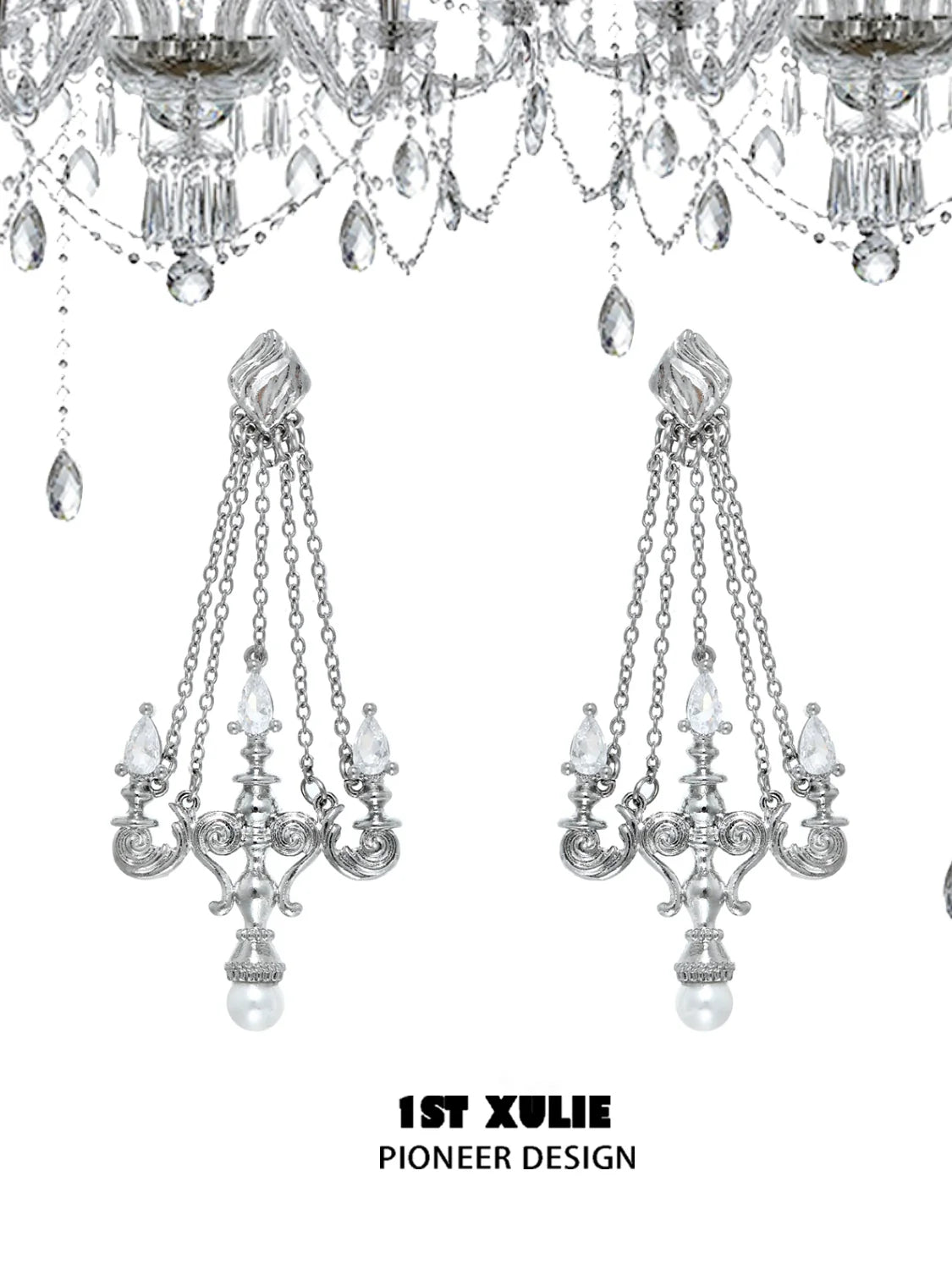 Elegant crystal lamp earrings with intricate designs and dangling chains from 1ST XULIE