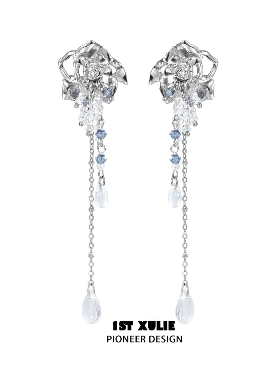 Elegant crystal rose tassel earrings featuring silver and blue accents for a stunning look