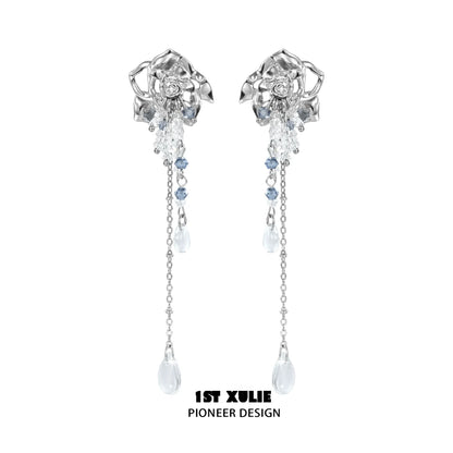 Elegant crystal rose tassel earrings with cascading gemstones and drops for a stunning look