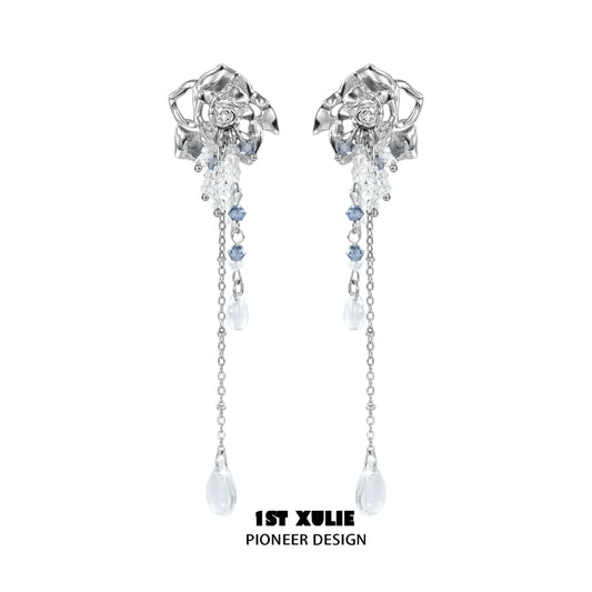 Elegant crystal rose tassel earrings with cascading gemstones and drops for a stunning look