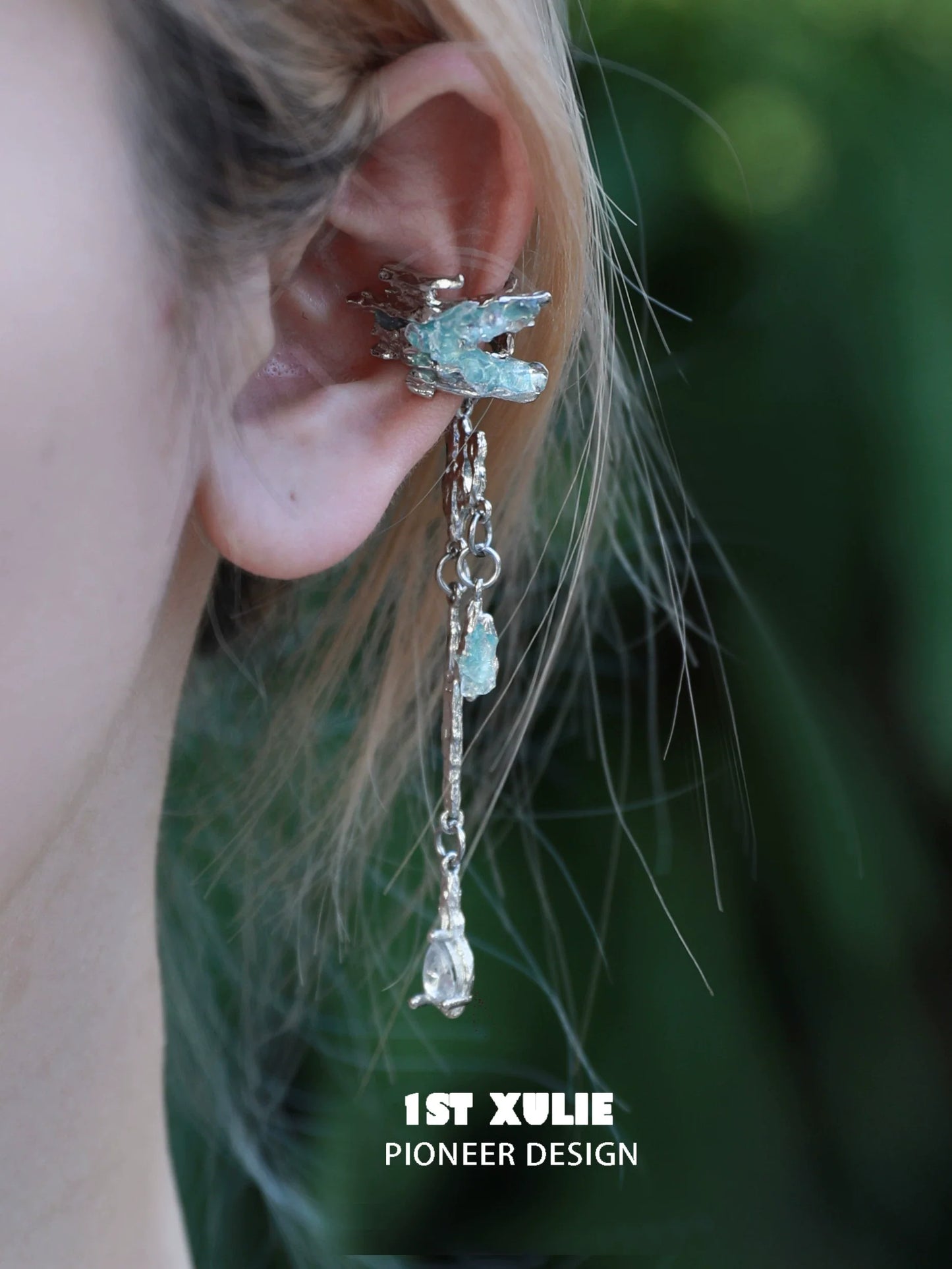 1ST XULIE Crystal Tassel Ear Clips Featuring Unique Dragon Design with Silvery Finish