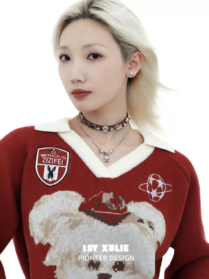 Woman wearing cute puppy ear studs paired with a cozy sweater for a stylish look