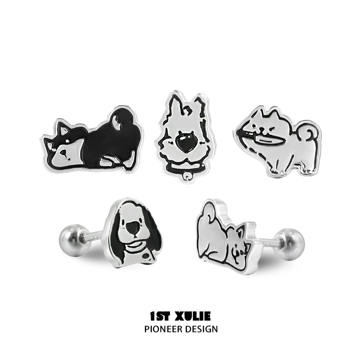 Cute puppy earrings featuring playful dog designs in black and white for animal lovers