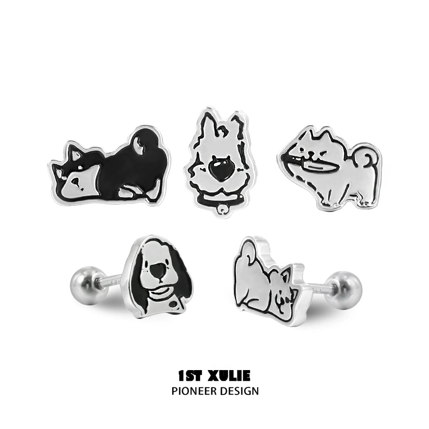 Cute puppy earrings featuring playful dog designs in black and white for animal lovers
