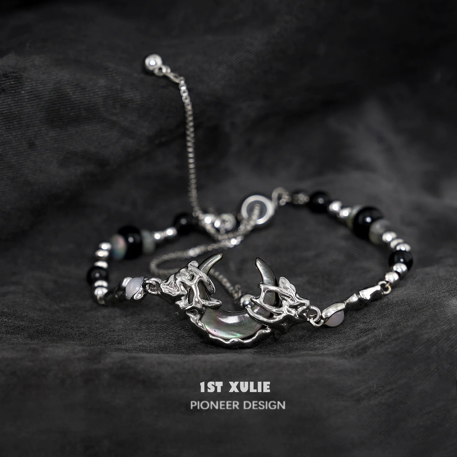 1ST XULIE Dark Moon Agate Bracelet with Unique Silver Accents and Adjustable Closure