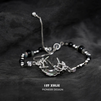 1ST XULIE Dark Moon Agate Bracelet with Unique Silver Accents and Adjustable Closure