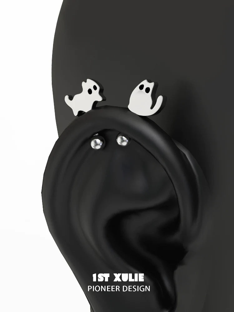 Cute devil cat earrings in silver with playful ghost cat design for unique accessory lovers