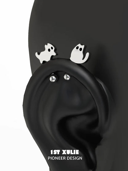 Cute devil cat earrings in silver with playful ghost cat design for unique accessory lovers
