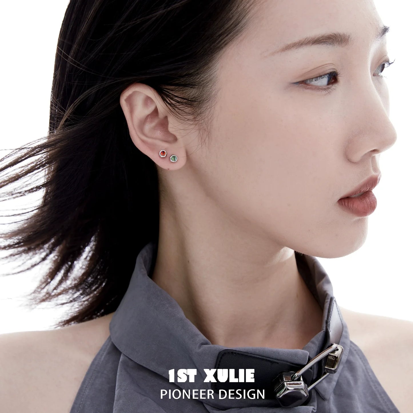 Model wearing 1STXULIE devil eye stud earrings for a stylish and trendy look