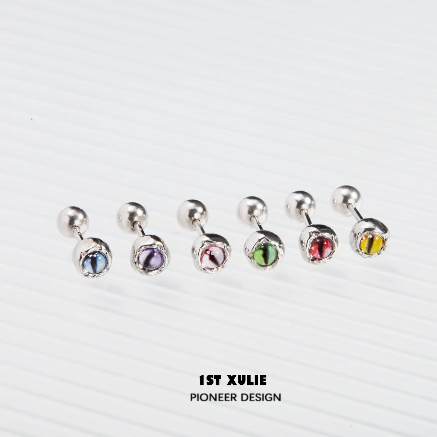 1ST XULIE Devil Eye Stud Earrings in various colors including blue, purple, green, red, and yellow