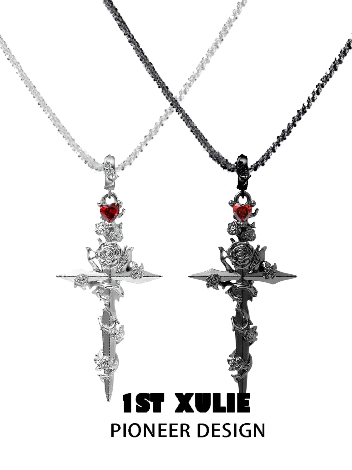 1ST XULIE Diablo Rose Cross Necklace in Silver and Black with Red Heart Details