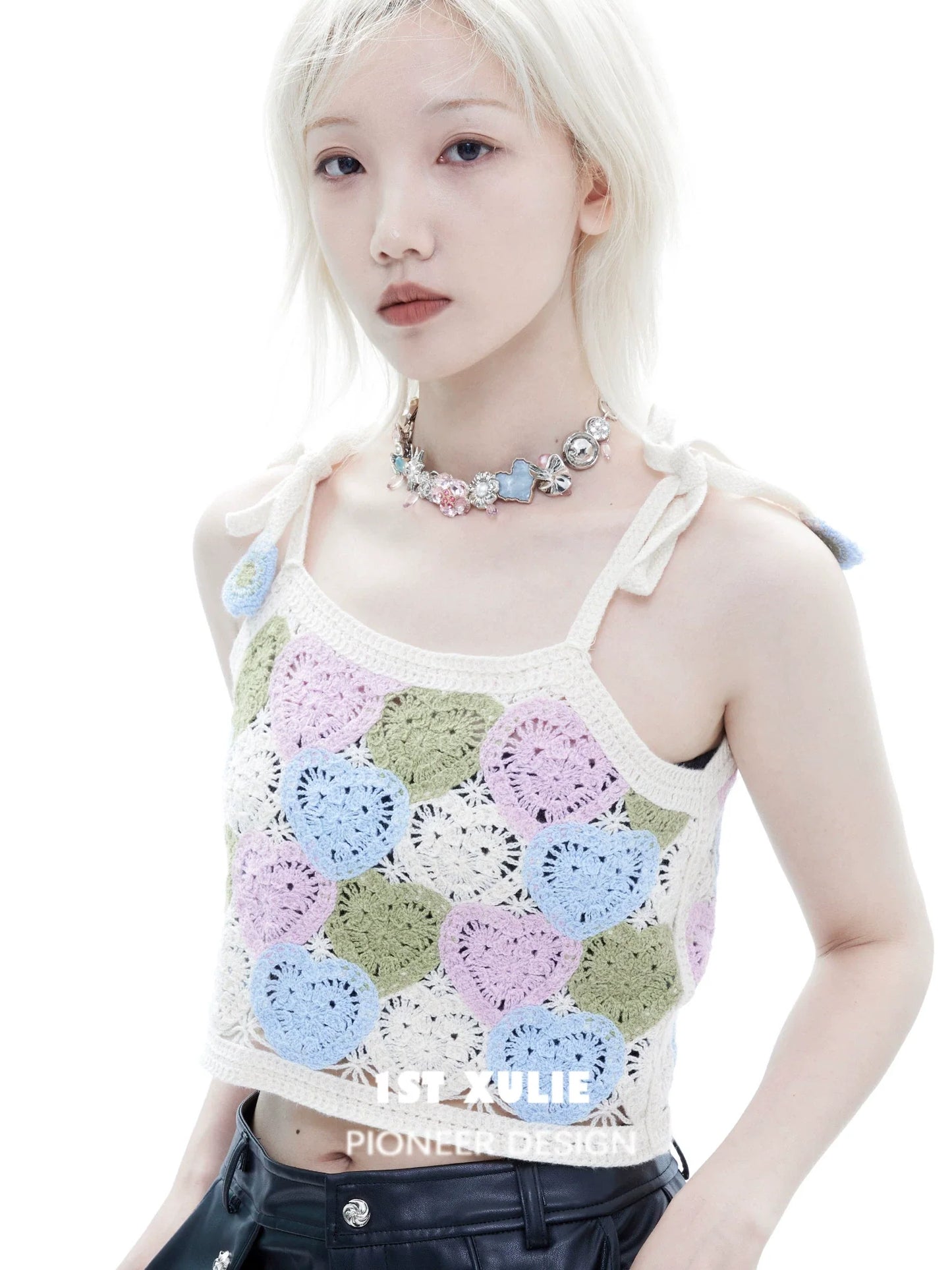 1STXULIE Colorful Crochet Top with Model Wearing a Stylish Dopamine Choker Necklace