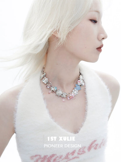 Dopamine choker necklace with colorful charms and sparkling details, worn by a model