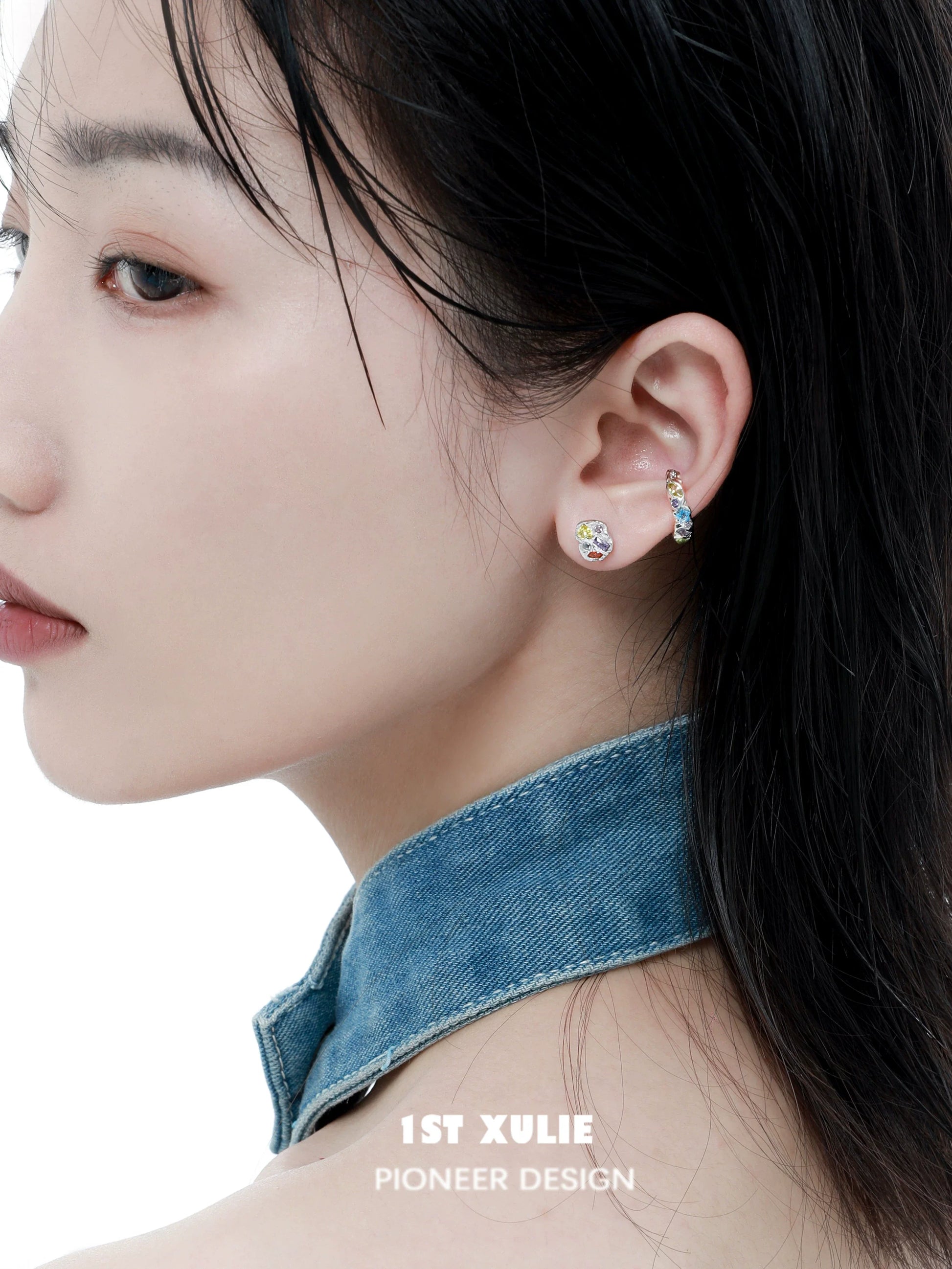 1ST XULIE dopamine earrings colorful studs showcasing vibrant designs worn by a model