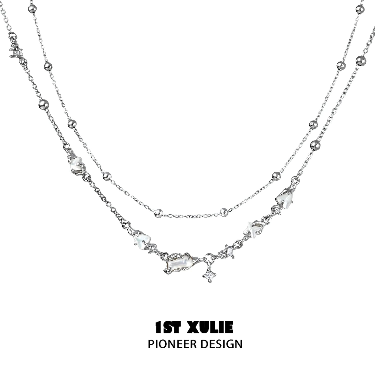 1STXULIE Double Layer Moon Necklace with Elegant Silver Chains and Star Accents