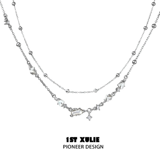 1STXULIE Double Layer Moon Necklace with Elegant Silver Chains and Star Accents