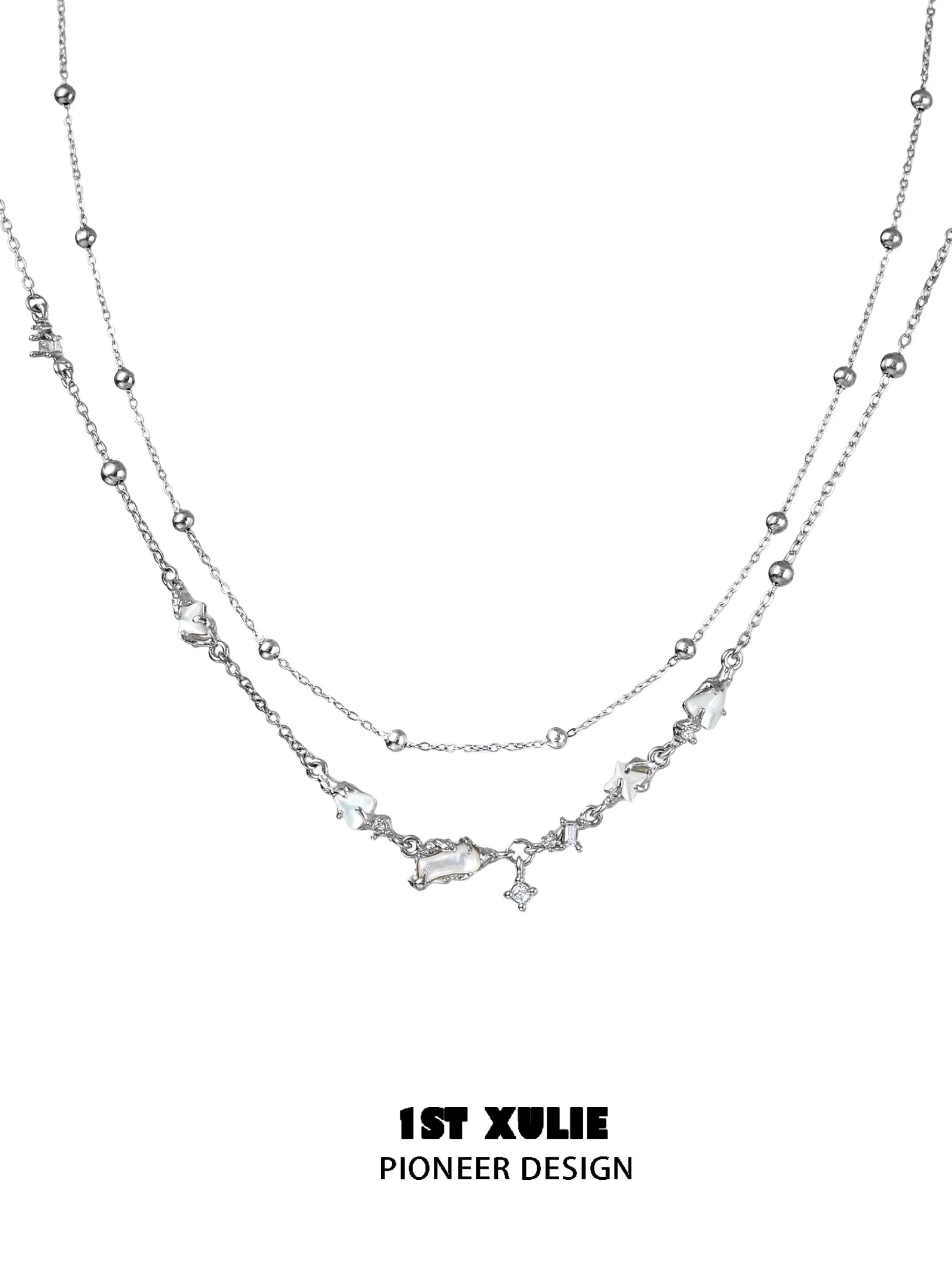 1ST XULIE Double Layer Moon Necklace with Shimmering Details for a Trendy Look