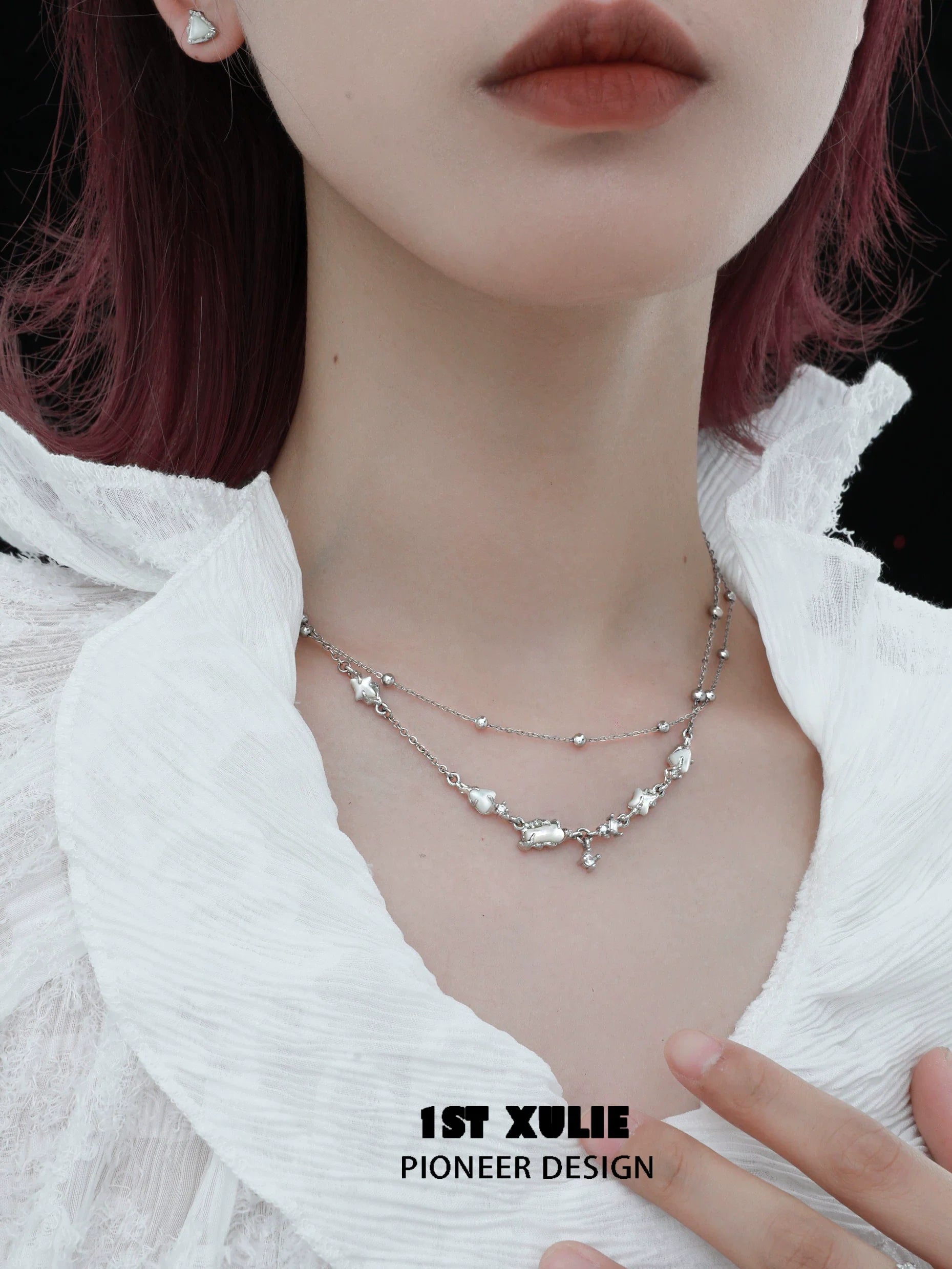 Elegant double layer moon necklace from 1ST XULIE featuring shimmering stars and gemstones