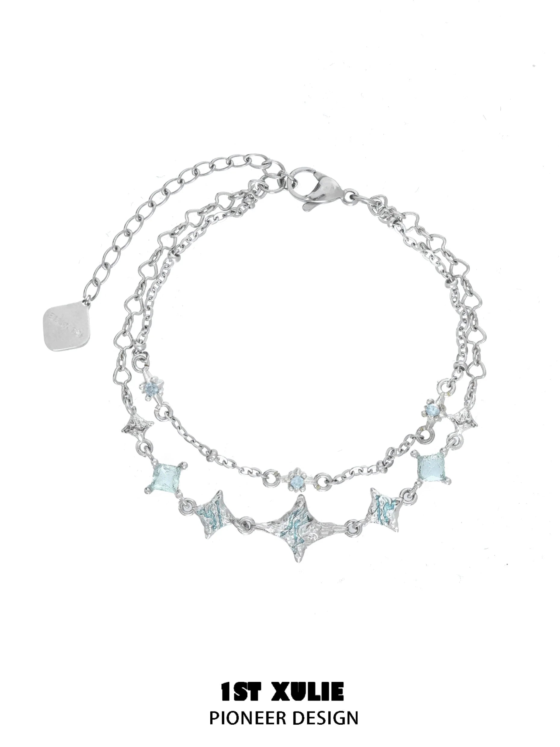 Elegant double layer starfish silver bracelet featuring sparkling star and gem accents