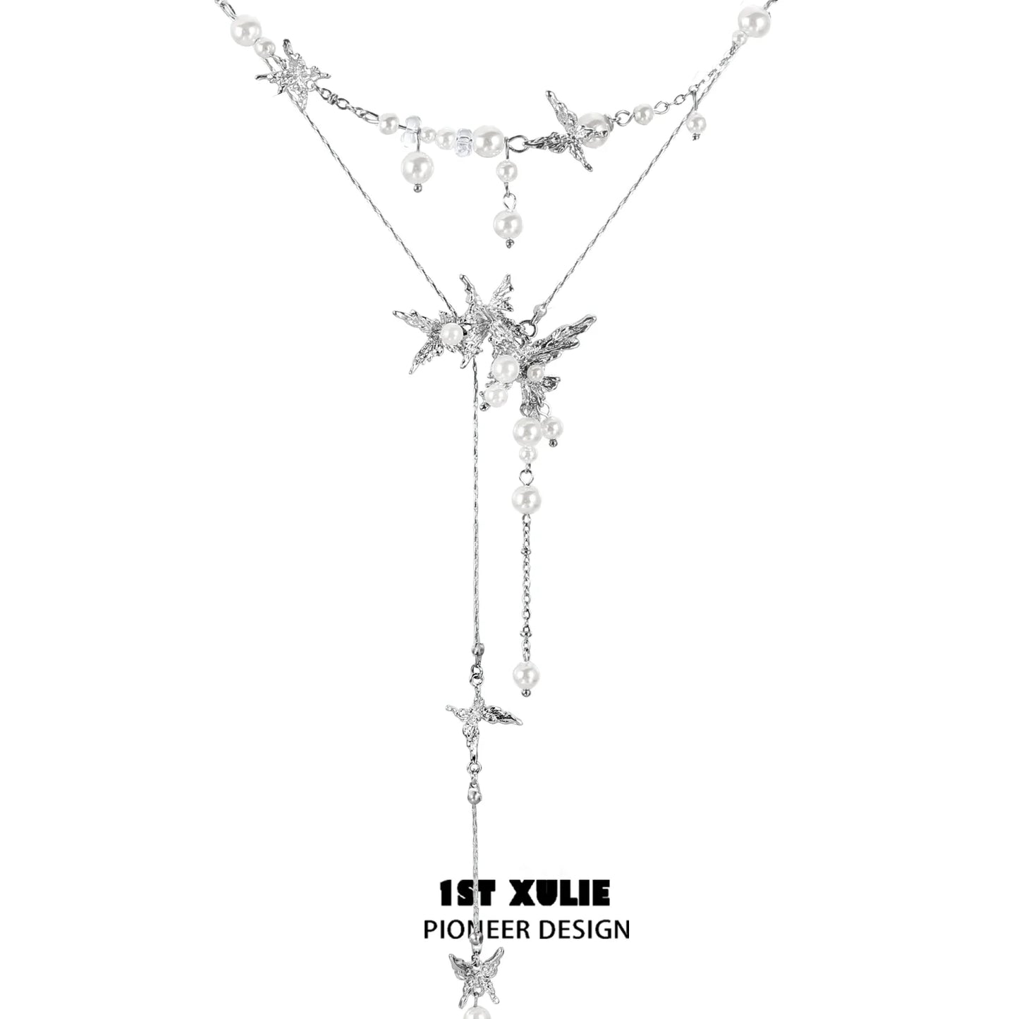 1STXULIE dream wings pearl necklace featuring silver star design and elegant pearl accents