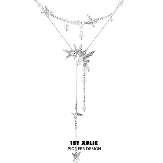 1STXULIE dream wings pearl necklace featuring silver star design and elegant pearl accents
