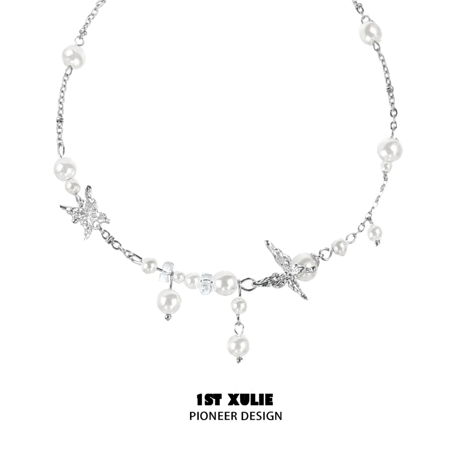 1STXULIE dream wings pearl necklace featuring elegant pearls and starfish charms