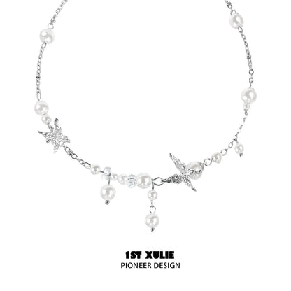 1STXULIE dream wings pearl necklace featuring elegant pearls and starfish charms