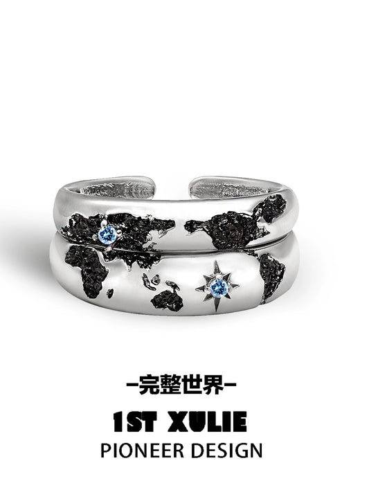 1ST XULIE Eroded Earth Couple Rings with Blue Stones and Unique Pioneer Design