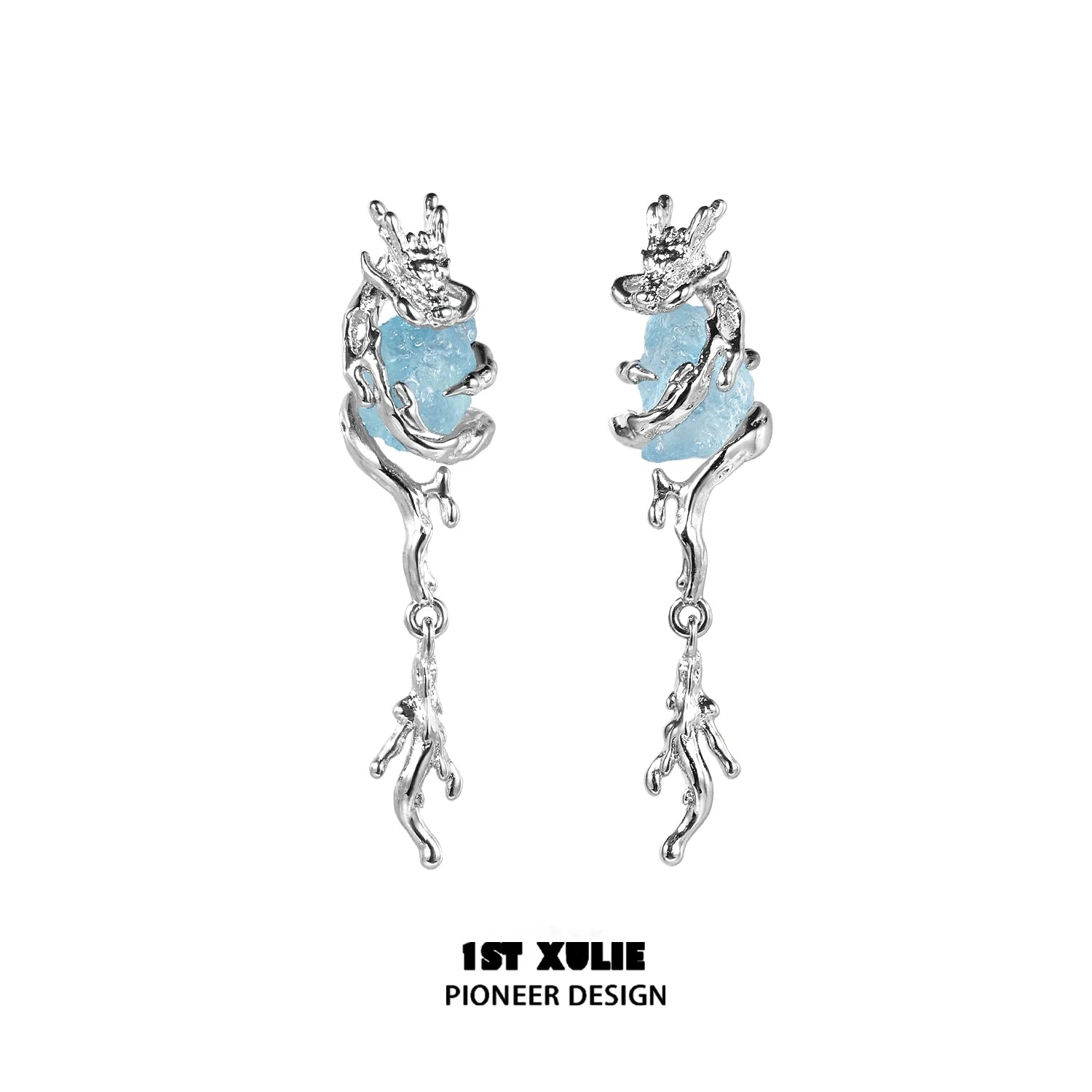 Fantasy dragon earrings featuring a silver design with blue accent stones for a magical look