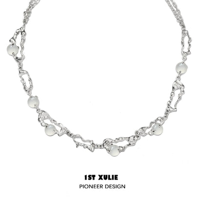 1STXULIE Frost Goddess Beaded Necklace with Unique Silver Chain Design