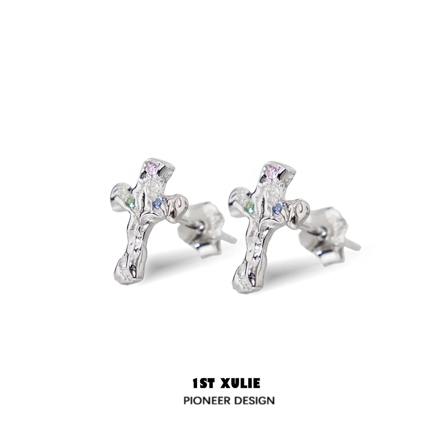 1ST XULIE Frozen Cross Zircon Earrings with Sparkling Detail in Silver Tone