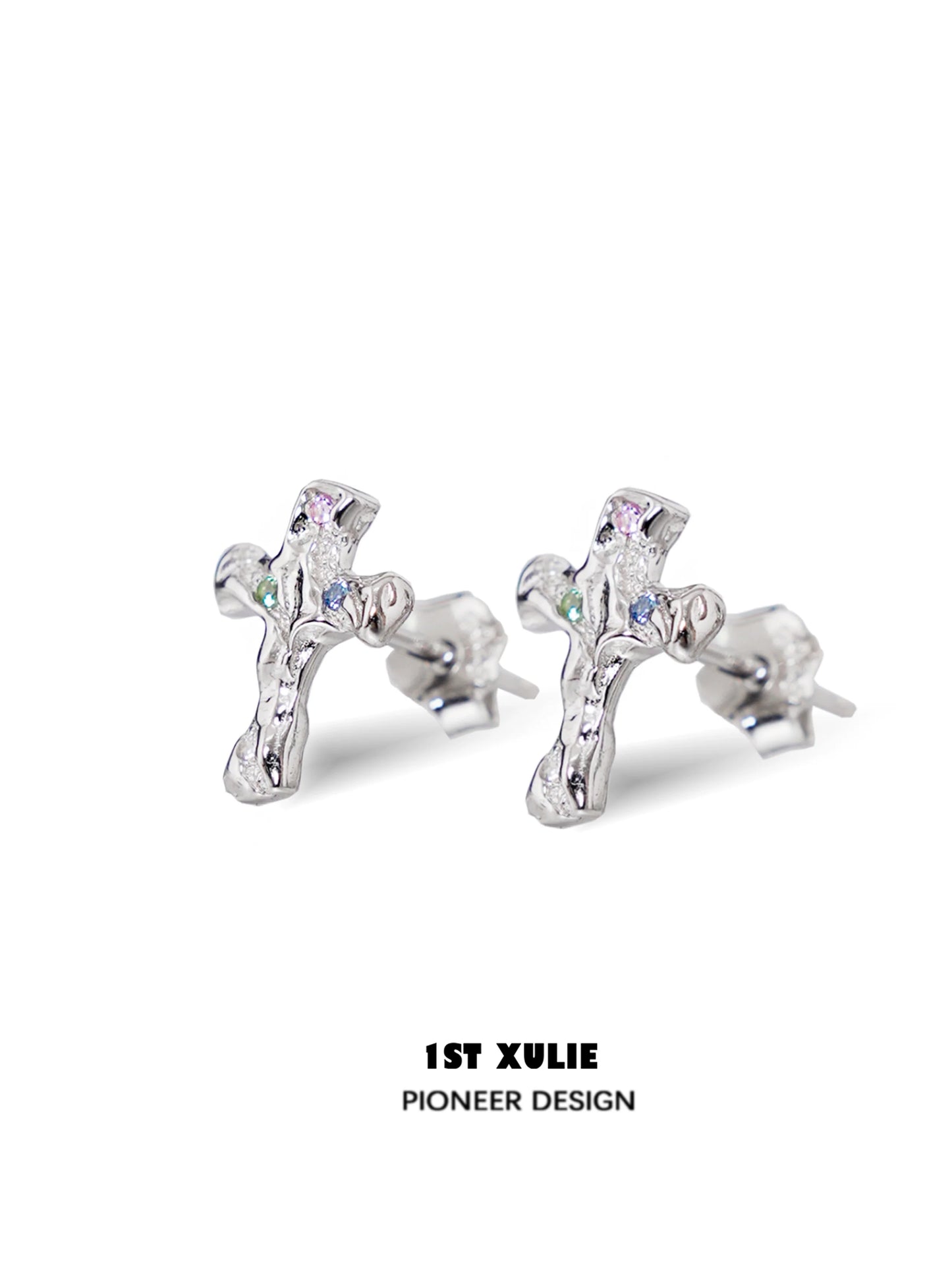 1STXULIE Frozen Cross Zircon Earrings in Silver with Colorful Sparkling Gems