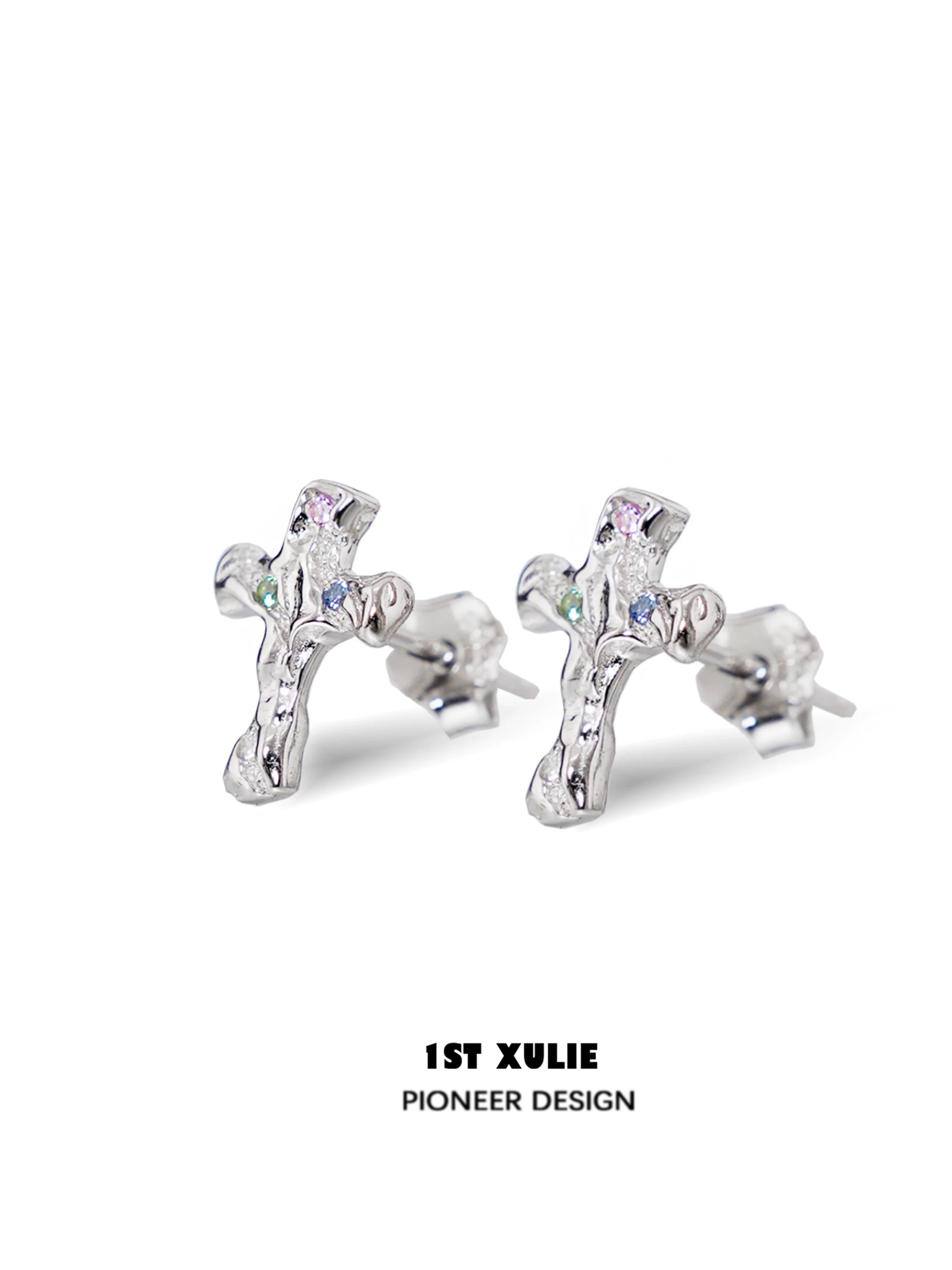 1STXULIE Frozen Cross Zircon Earrings in Silver with Colorful Sparkling Gems