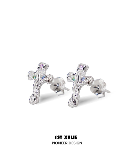 1STXULIE Frozen Cross Zircon Earrings in Silver with Colorful Sparkling Gems