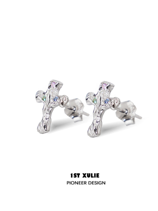 1STXULIE Frozen Cross Zircon Earrings in Silver with Colorful Sparkling Gems