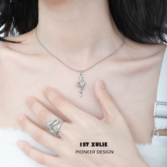 1ST XULIE Frozen Snake Silver Necklace on Model with a Simple Chain and Stylish Design