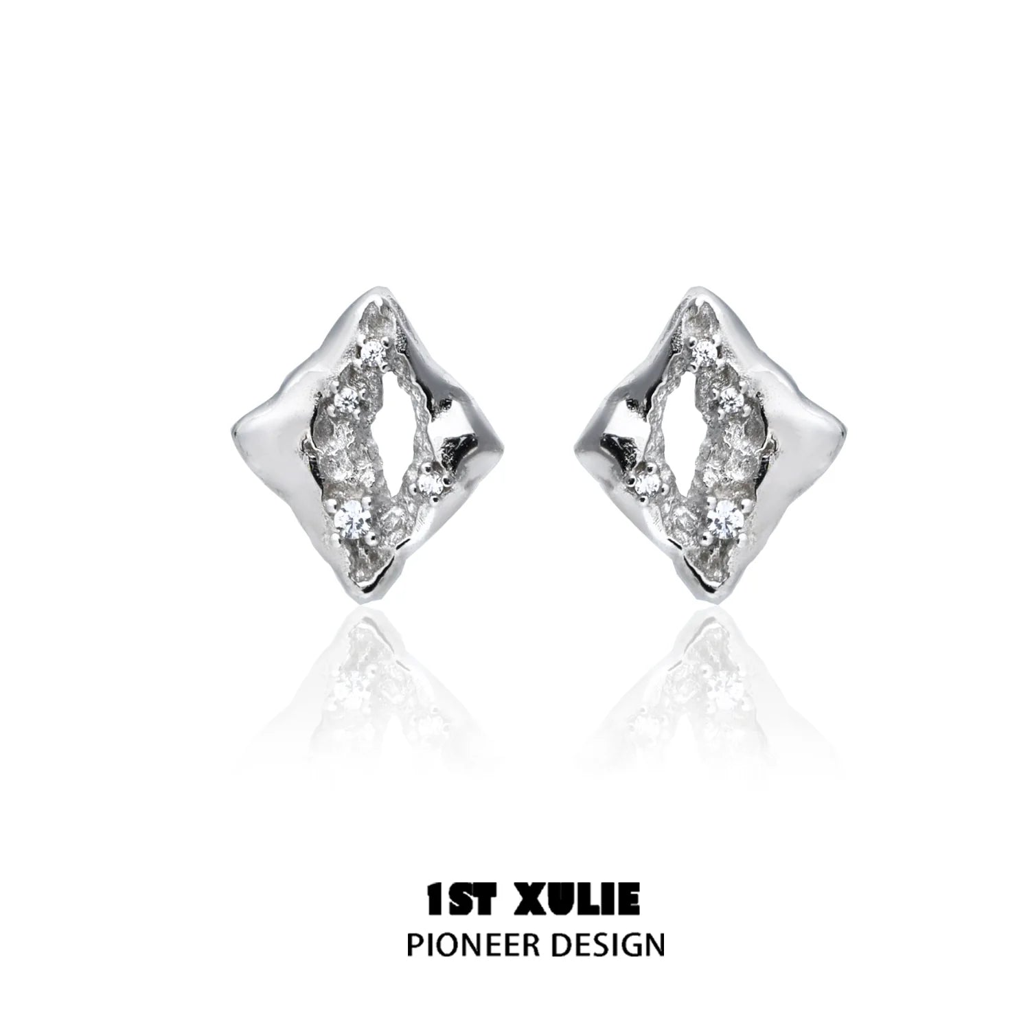 Geometric silver earrings with a unique diamond shape and textured finish for a stylish look
