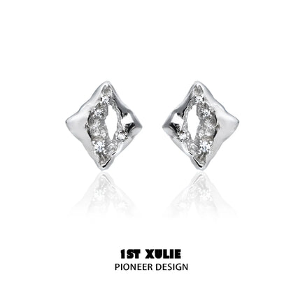 Geometric silver earrings with a unique diamond shape and textured finish for a stylish look