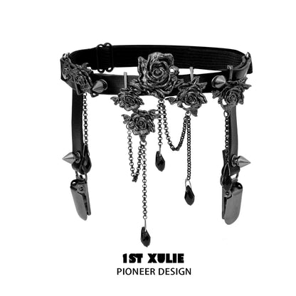 Gothic black rose leg chain with decorative spikes and cascading chains for edgy fashion style