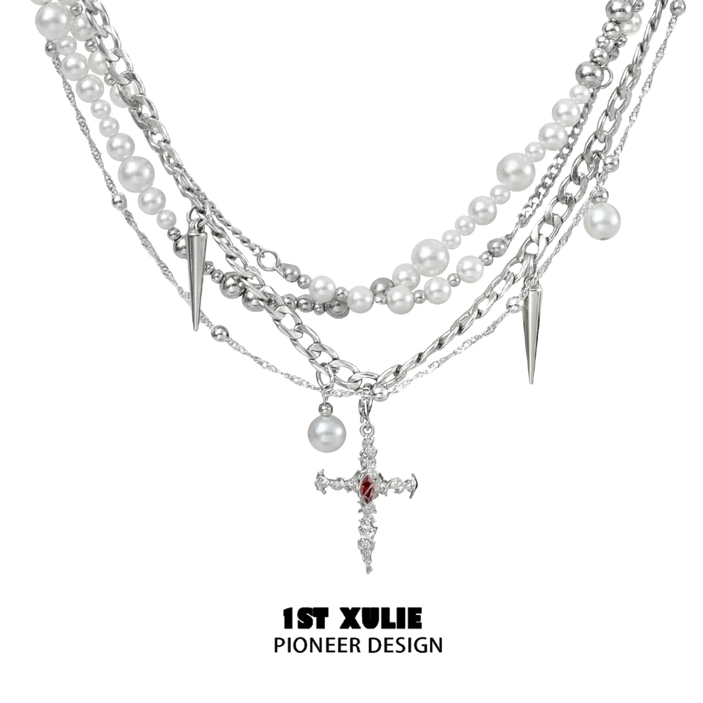 Gothic cross pearl necklace featuring layered strands of pearls and spikes for a unique style